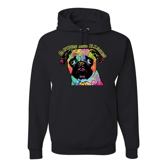Pugs and Kisses Cute Dog Neon Rainbow Pug Dog Lover Unisex Graphic Hoodie Sweatshirt, Black, Small