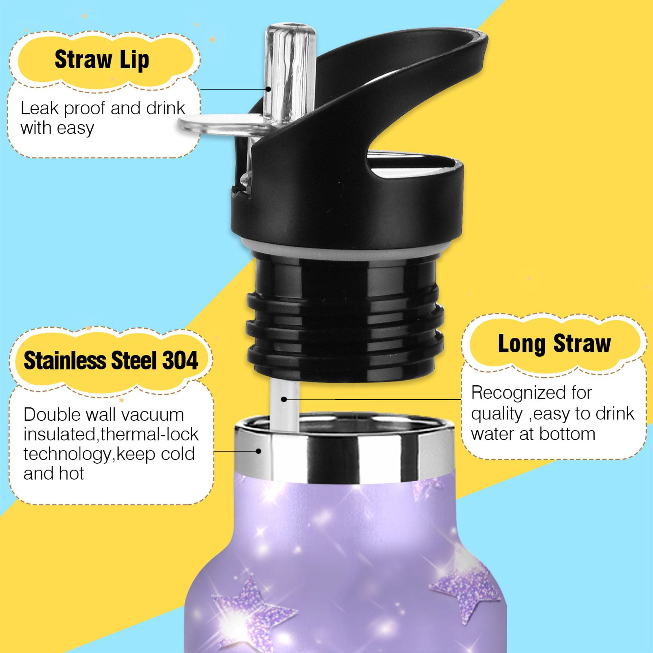 Kids Insulated Stainless Steel Sports Water Bottle 600ml Lavender Glitter Stars Pattern