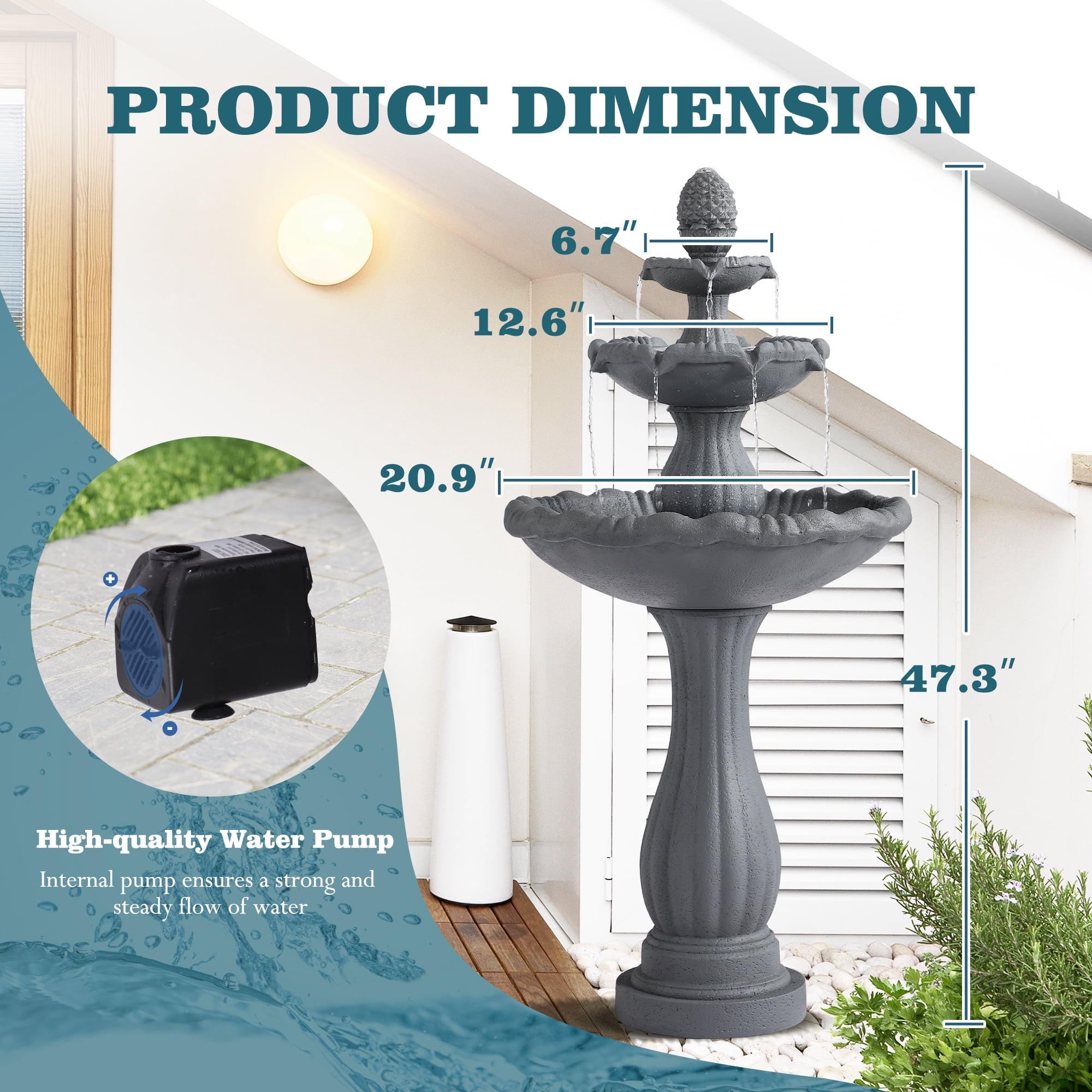 Magic Union Garden Water Fountain Outdoor, 47.3" High Large Roman Italian Indoor Waterfalls, 3-Tier Standing Water Feature Fountains w/Pump & Pineapple Top for Outside Patio, Yard and Lawn