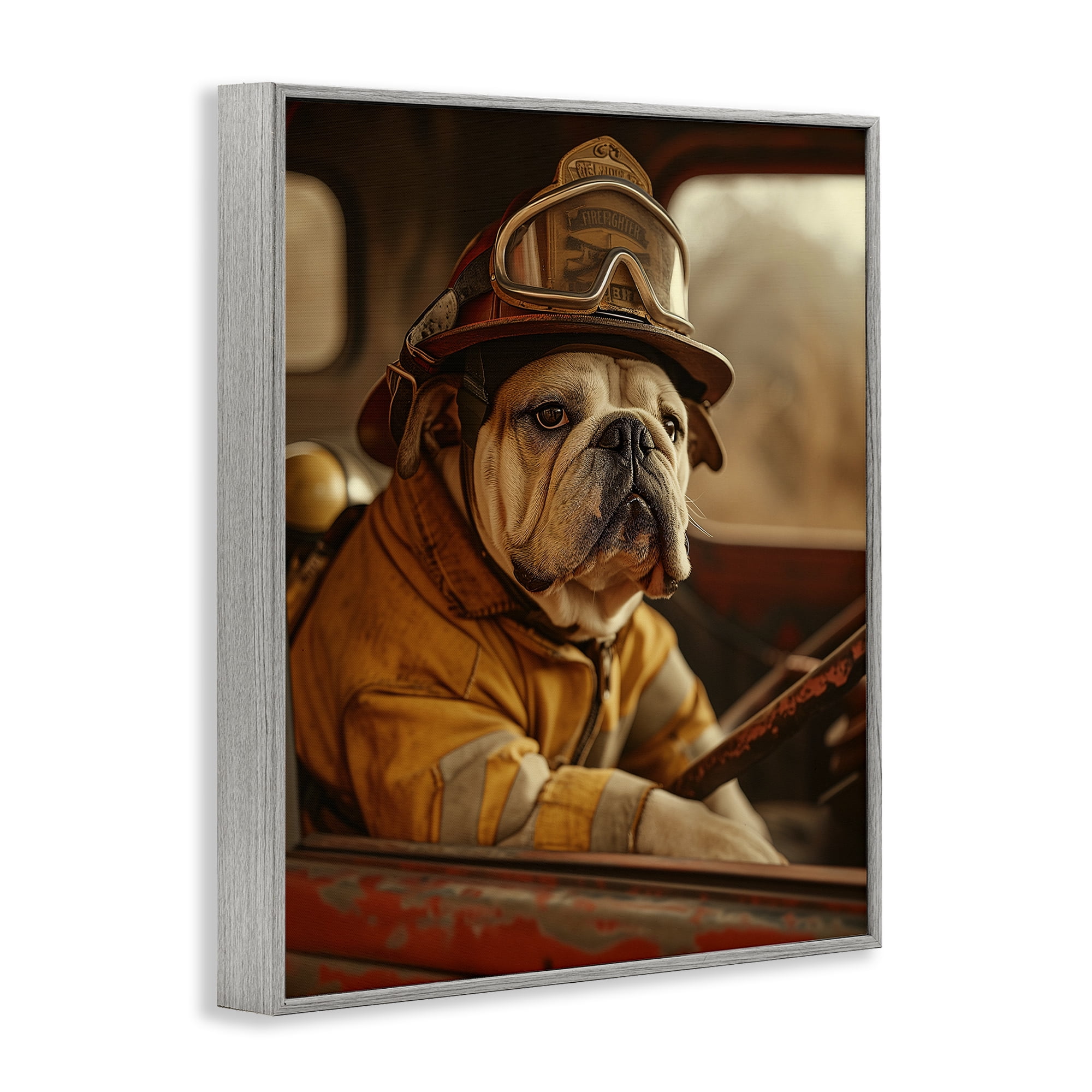 Stupell Industries Rustic Bulldog Fireman Novelty Painting Gray Framed Art Print Wall Art, 11 x 14