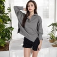 thumbnail image 4 of Women's Long Sleeve Pullover Hoodie with Button Neck and Raw Hem Detail - Small, Gray, 4 of 7