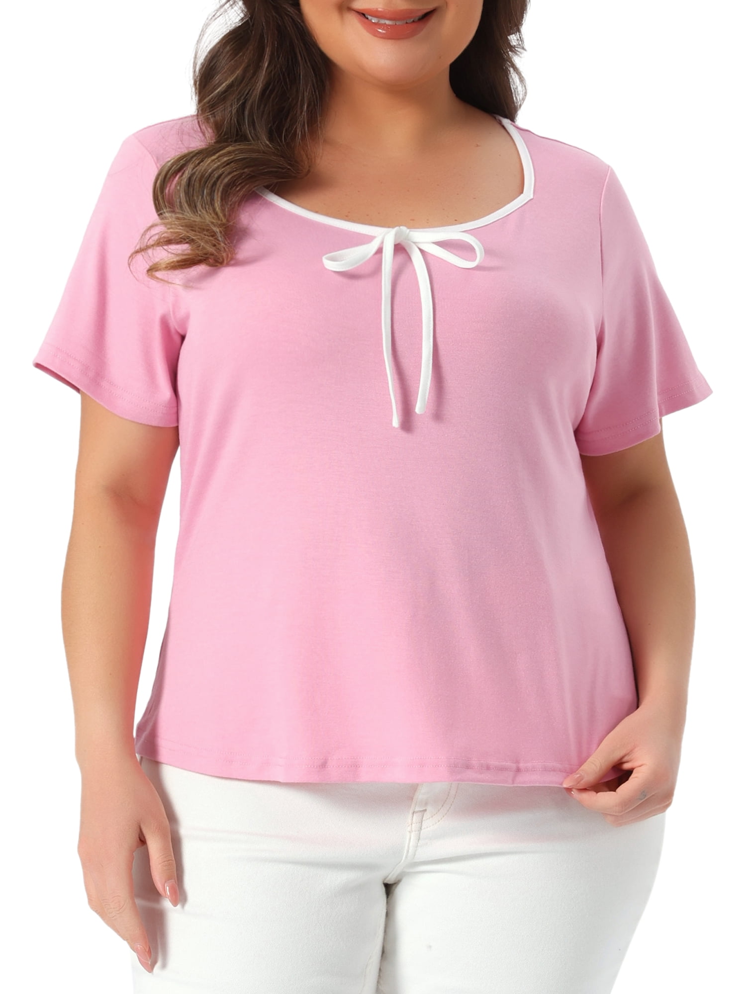 DARING DIVA Women's Plus Blouse Sweetheart Neck Contrast Trim Tie Knot  Tee 4X Pink