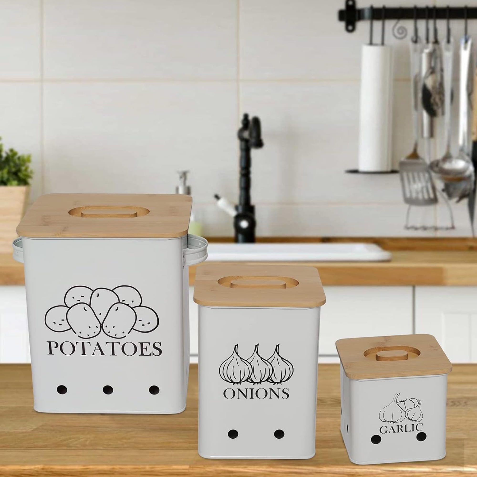 Pethiy Kitchen Storage for Potato Onion & Garlic,3 Pack Set Kitchen Counter Organizers with Wooden Lid - Potato Storage Garlic Bin,Onion Keeper Tin with Aerating Holes-White