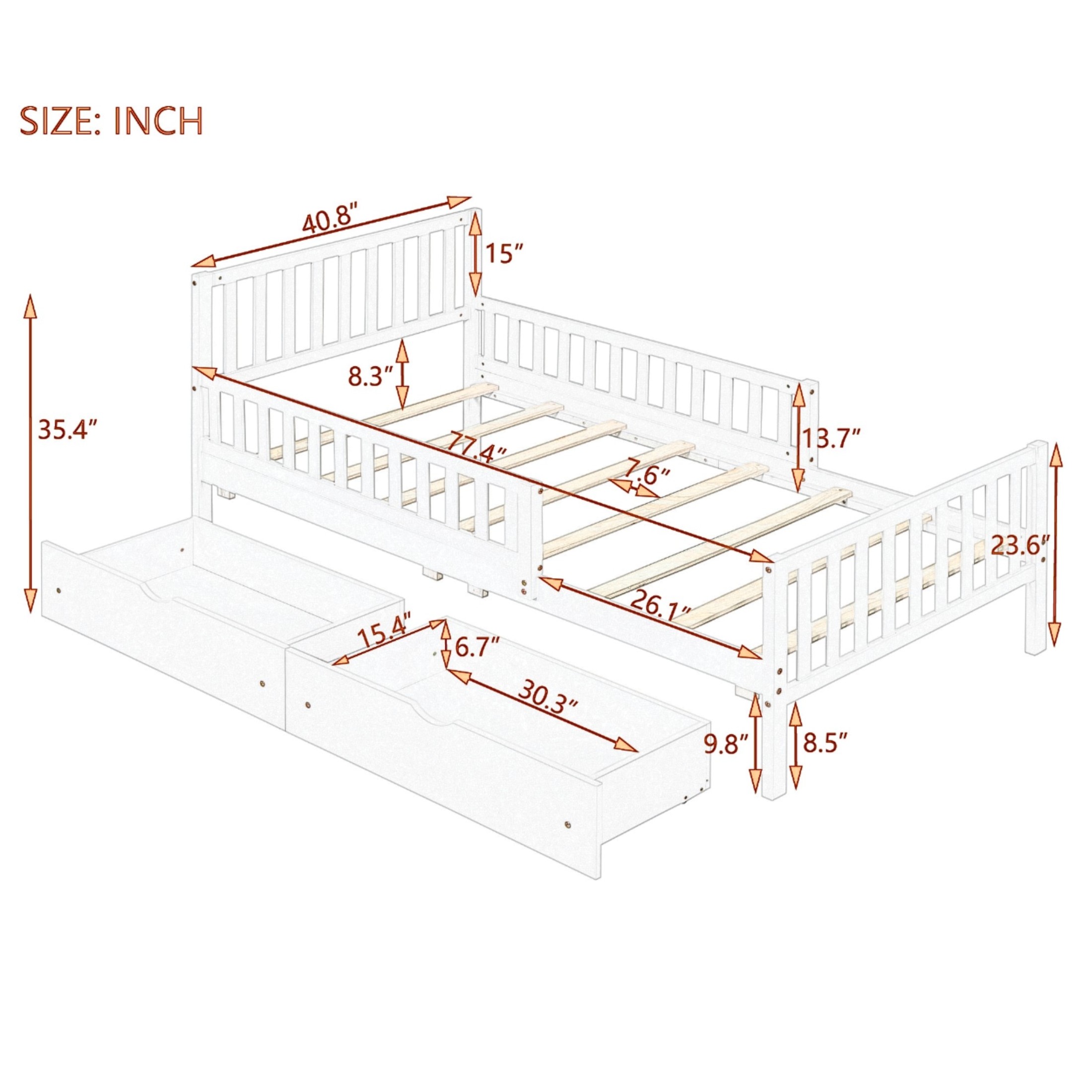 Noble House Twin Size Wood Platform Bed with Guardrails on Both Sides and Two Storage Drawers,Gray