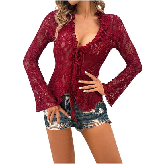 Raeneomay Long Sleeve Shirts for Women Fashion Lace Crop Sexy Floral Black Waistband Ruffled Long Sleeve V-Neck Shirt