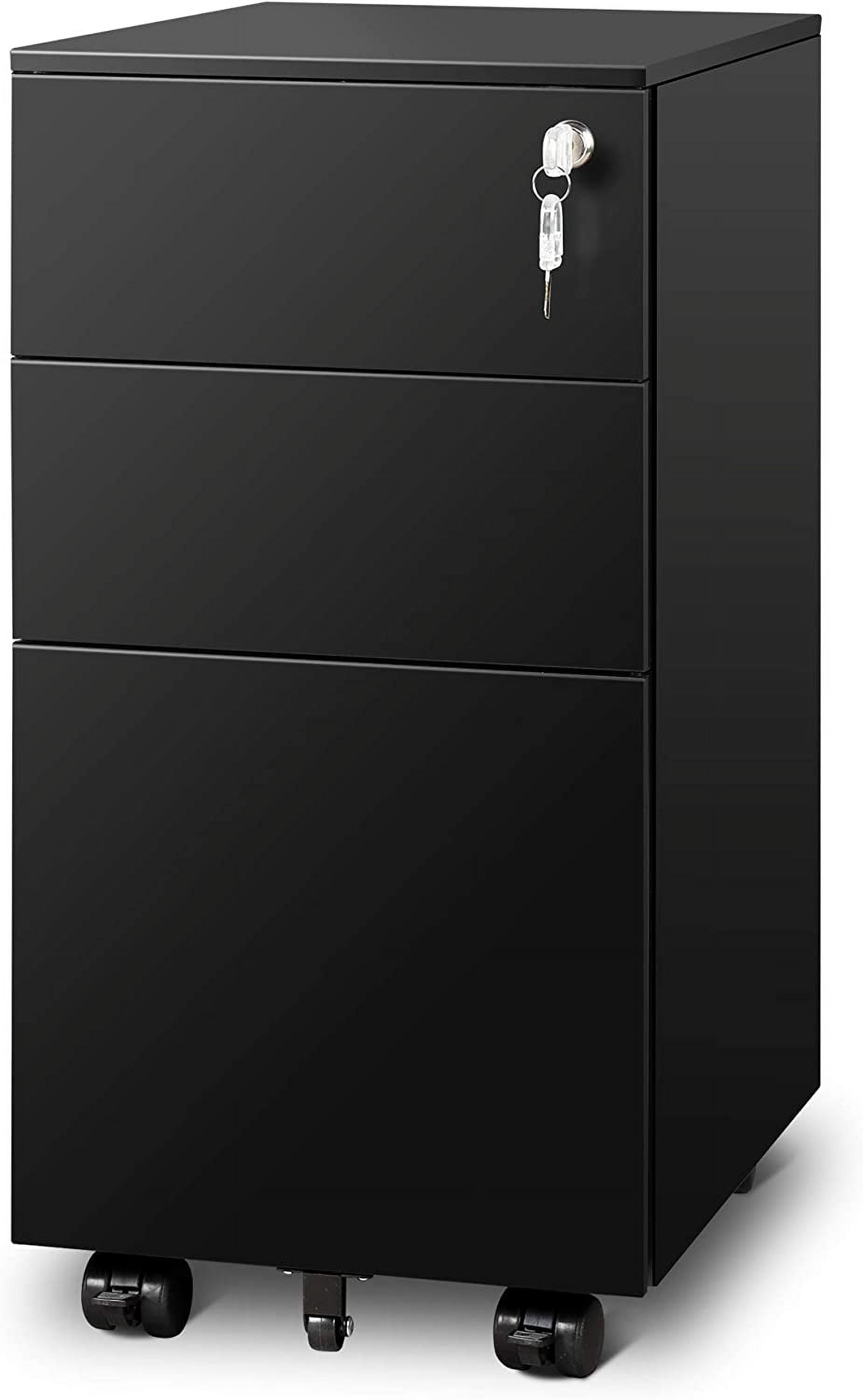 3 Drawer File Cabinet with Lock, Metal Rolling Filing Cabinets for Home Office, Small Under Desk Cabinet with Slim Width (11.8 inch), Black