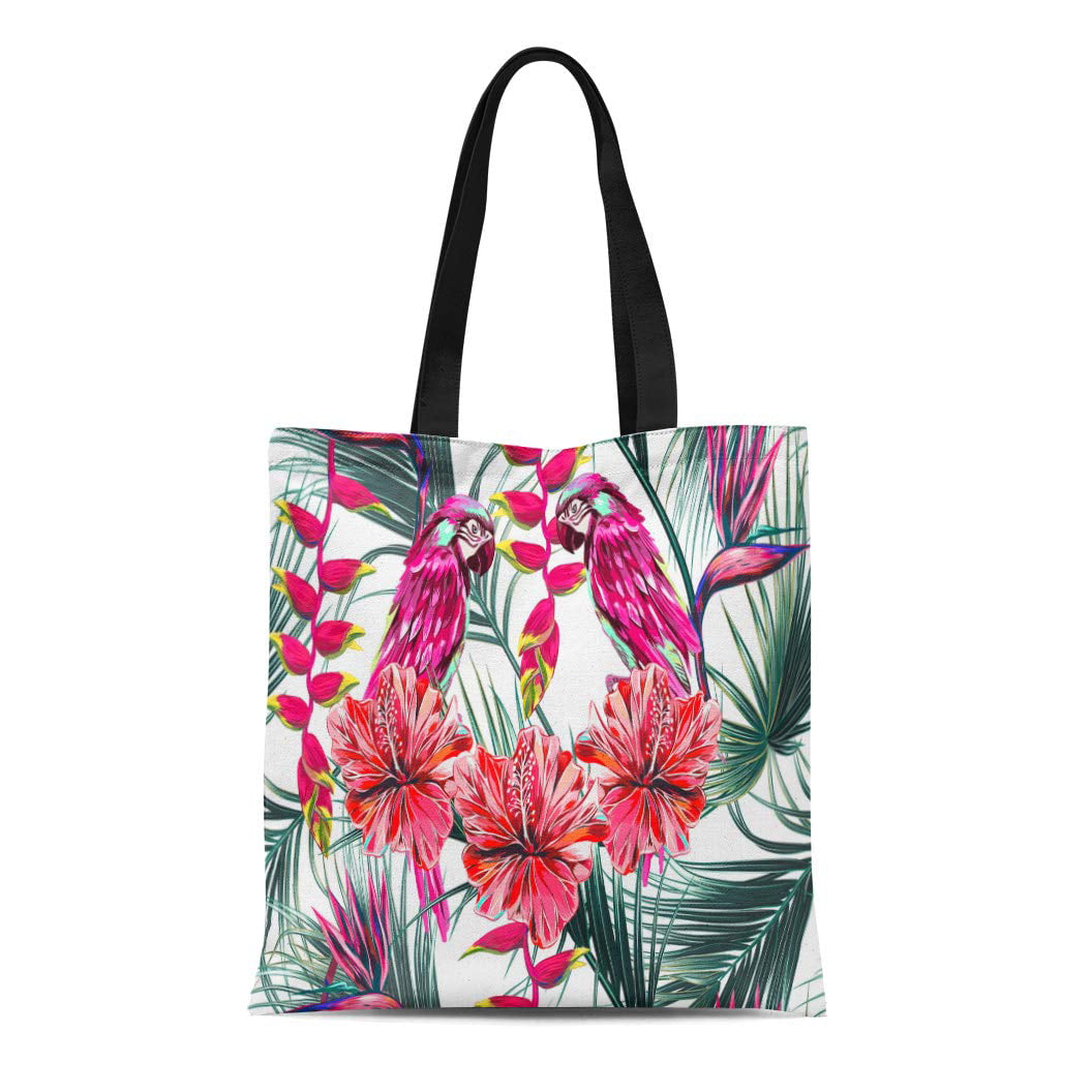 ASHLEIGH Canvas Tote Bag Parrots Tropical Flowers Palm Leaves Hibiscus ...