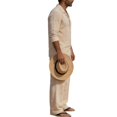 thumbnail image 7 of LTTVQM Relaxed Fit Wrinkle Resistant Plain Solid Cotton Linen Two Piece Outfit for Men Camp Collar Shirt Wide Leg Pants Breathable Daily Beach Blouse Khaki XL, 7 of 7