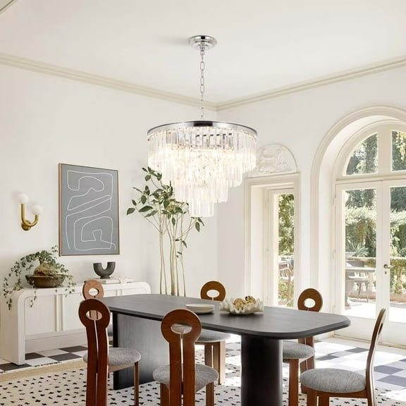 FINE MAKER 20 inch modern chrome crystal chandelier, 6 light round luxury large crystal chandelier for entrance living room bedroom