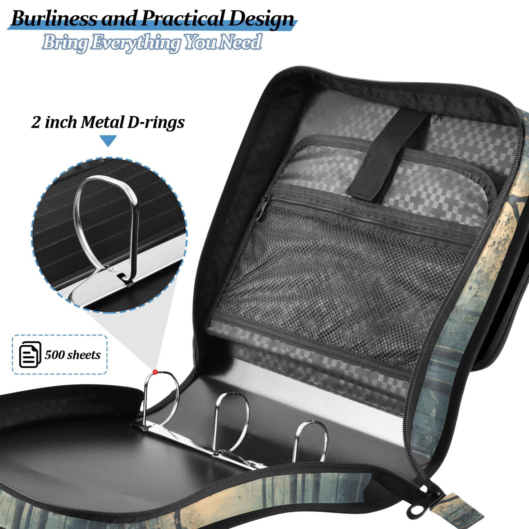 FORMRS Zipper Binder with Shoulder Strap 2-inch Ring 500 Sheet Capacity File Bag, Retro Forest