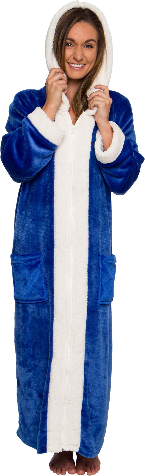 Silver Lilly Womens Zippered Sherpa Lined Robe with Hood Blue Warm