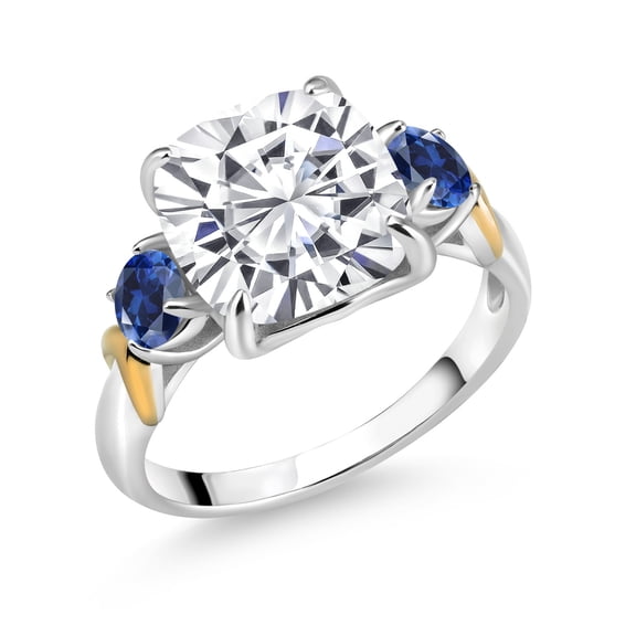 Gem Stone King 925 Silver and 10K Yellow Gold White Moissanite and Blue Created Sapphire 3 Stone Ring for Women (5.50 Cttw, Gemstone Birthstone, Cushion 10MM, Round 4MM, Size 6)