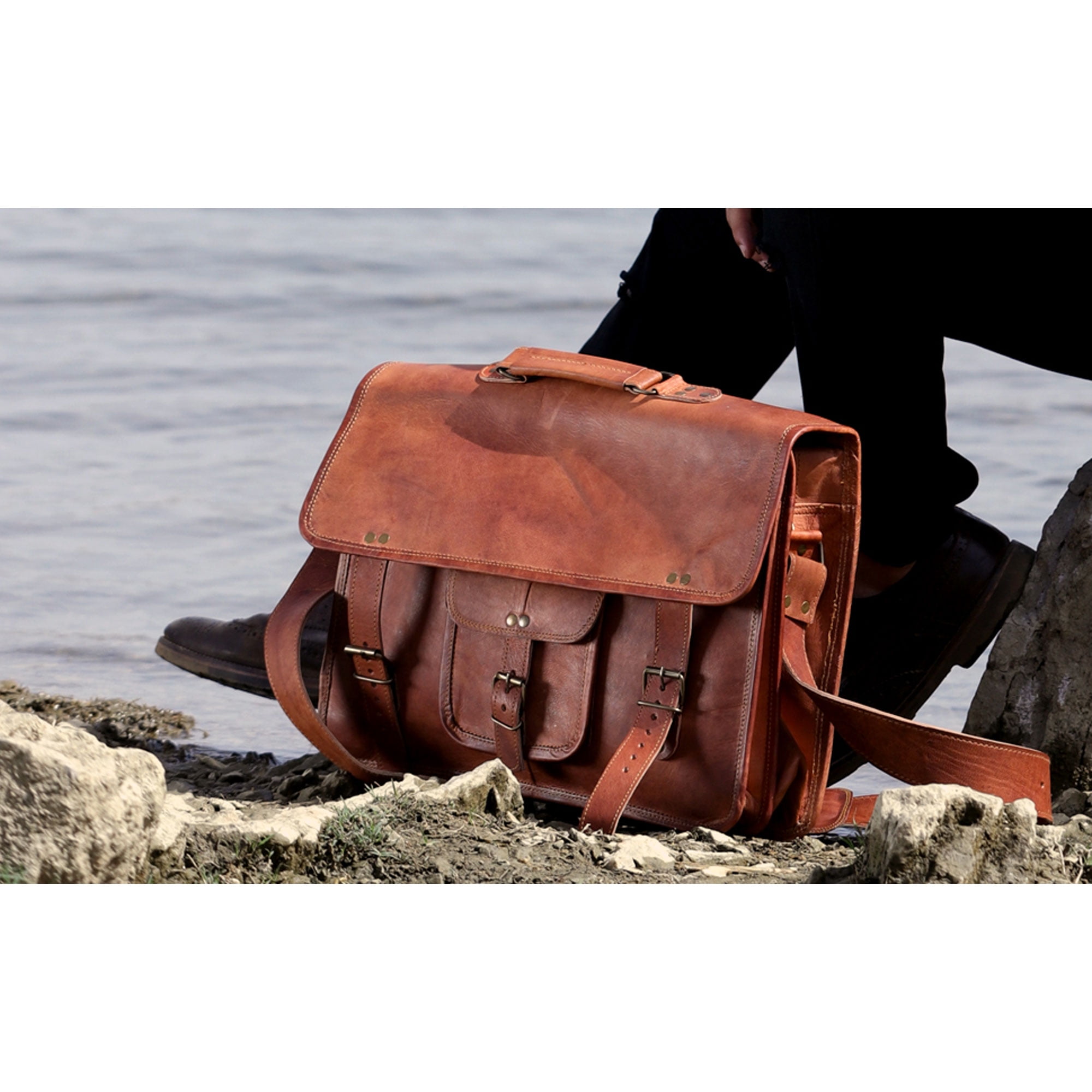 18-Inch Full Grain Leather Laptop Messenger Bag – Office Briefcase Satchel for Men and Women with Adjustable Strap and Lockable Compartments