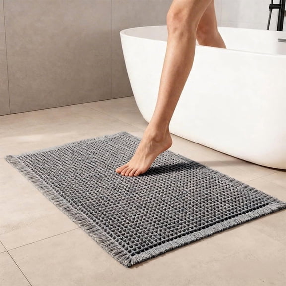 MudFree Waffle Bathroom Rugs,Super Absorbent Bath Mat for Tub Non Slip,Machine Washable Bath Rugs with Tassel Fringe,Bathroom Floor Mat for Shower, Dark Gray 18" x 30"