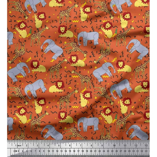 Soimoi Orange Rayon Fabric Lion,Giraffe & Elephant Kids Printed Fabric 1 Yard 42 Inch Wide
