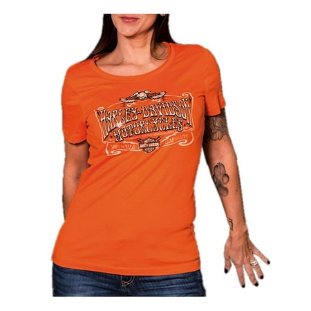 Harley-Davidson Women's Billboard Foil Short Sleeve Raw-Edge Tee, Tangerine, Harley