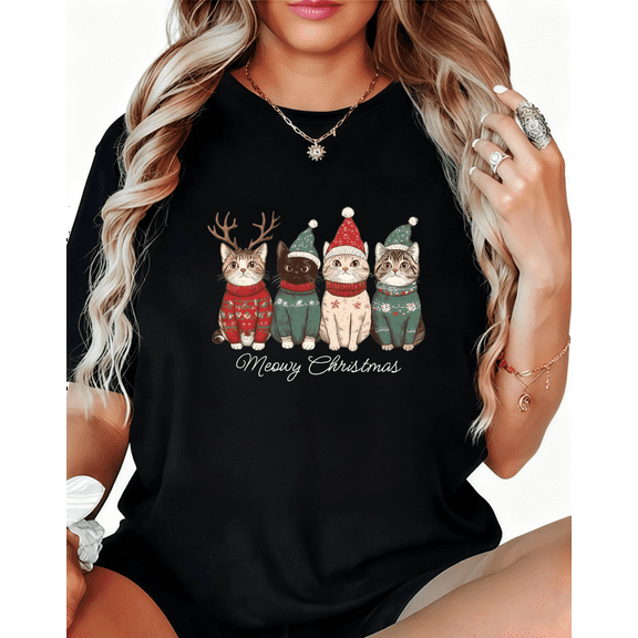 Purrfect Meowy Christmas T-Shirt - Festive Cats in Sweaters Santa Hat Reindeer Antlers Short Sleeve Graphic Tee