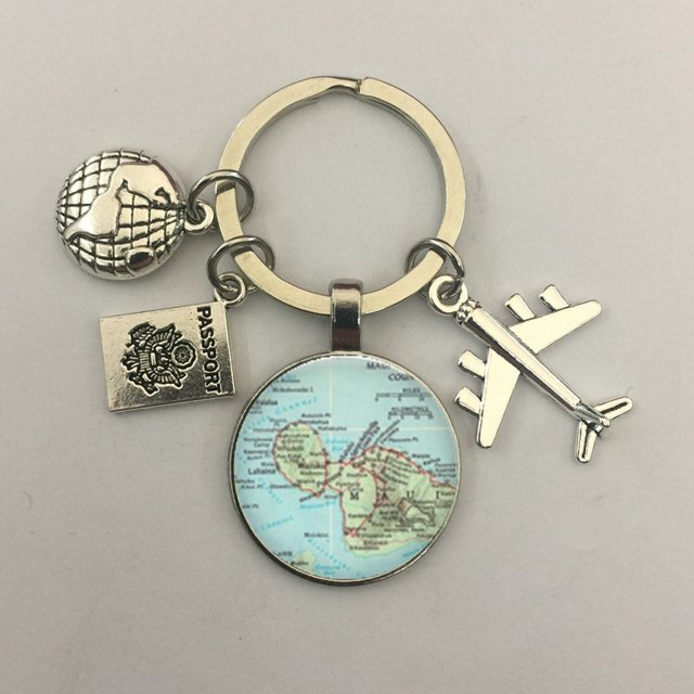 Llavero con mapa del mundo para viajar, explorar la cúpula de cristal, llavero con colgante de avión Cabachon, llavero de joyería de regalo para hombres y mujeres. Dengxun unisex