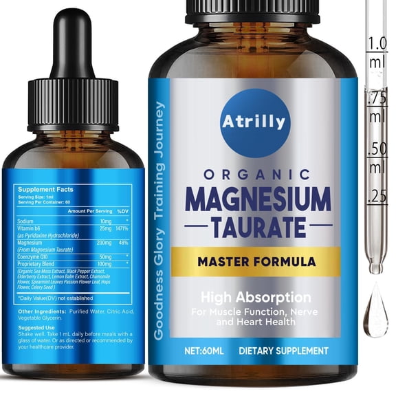 Magnesium Taurate Liquid Supplement, Bioavailable Magnesium with CoQ10 & Vitamin B6, Daily Nutritional Support, 60ml