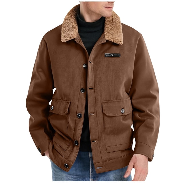 Men's Warm Fleece Jacket, Casual Style, Flared Collar, Long Sleeve, Button Closure