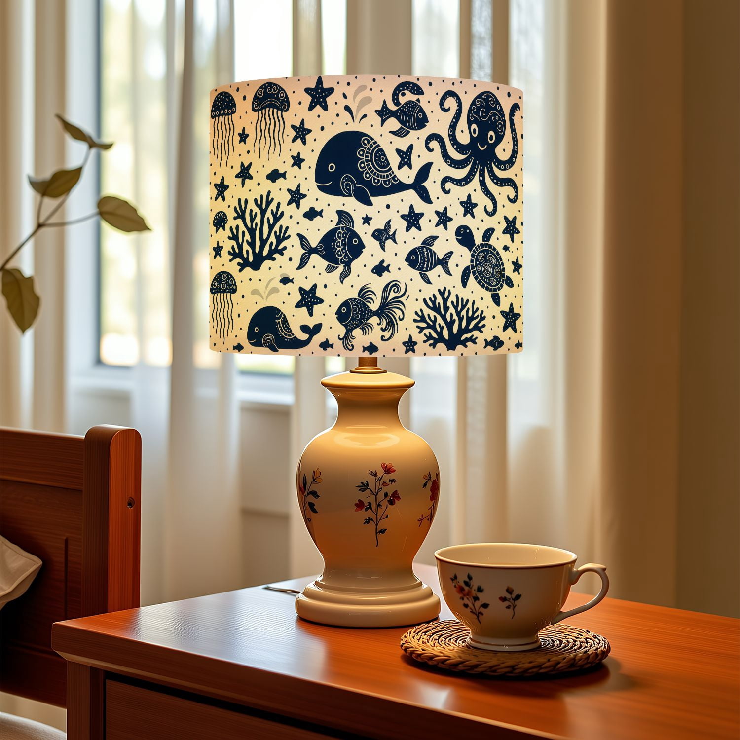 Linen Drum Lampshades Seamless sea underwater animals Cute cartoon jellyfish octopus 13"x13"x10" Light Shade for Table Lamps Floor Lamps Drum Lamp Shades Lampshade Replacement Assembly Required