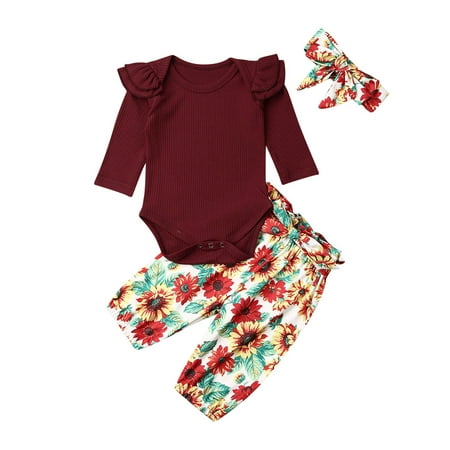 

Qtinghua Newborn Baby Girl Ruffle Knitted Long Sleeve Romper Top + Floral Halen Pants + Headband Fall Winter 3Pcs Clothes Red 6-12 Months