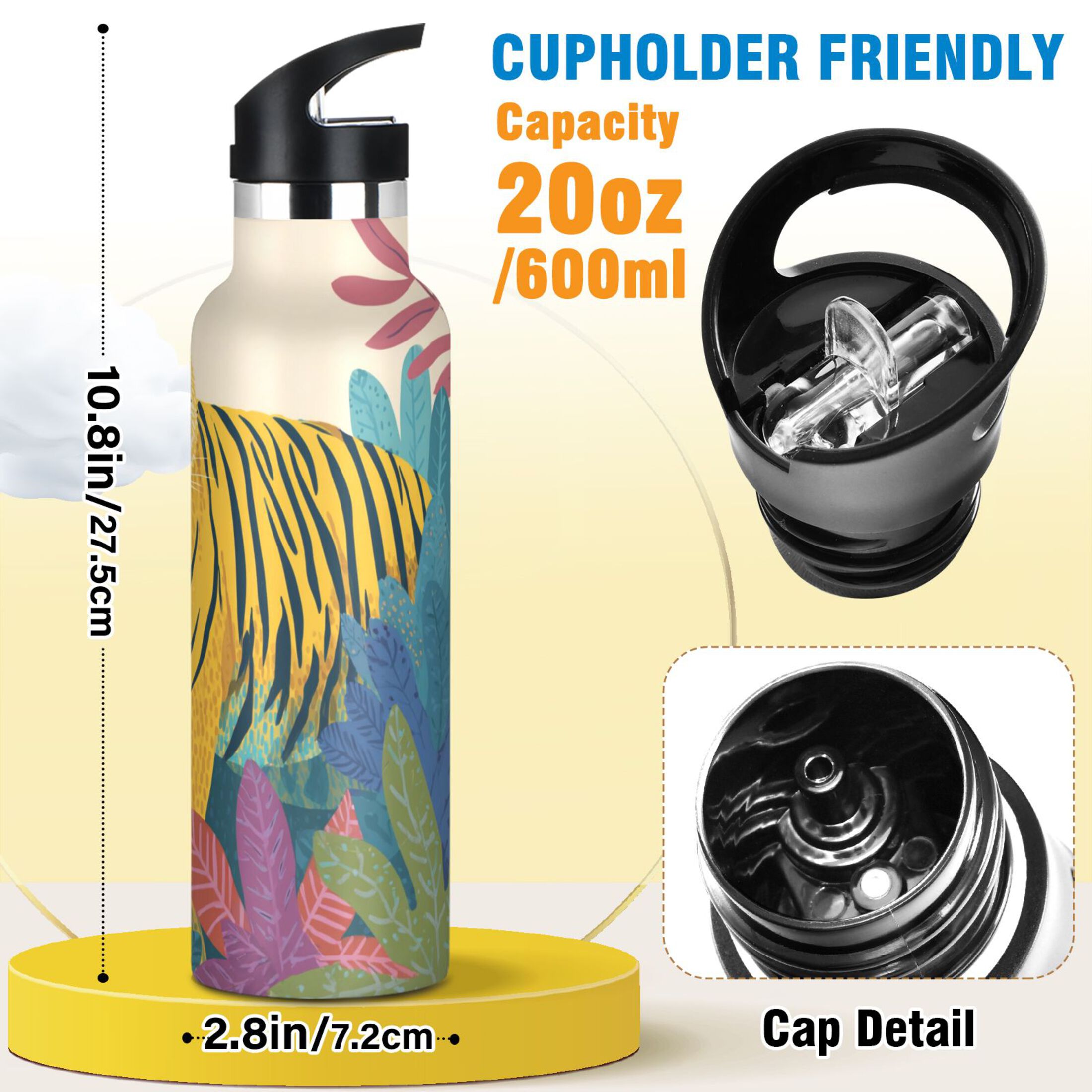 600ML Stainless Steel Insulated Cup Sports Water Bottle Portable Thermos Cup Water Glasses Insulated Tumblers Convenient and Durable Yellow Tiger