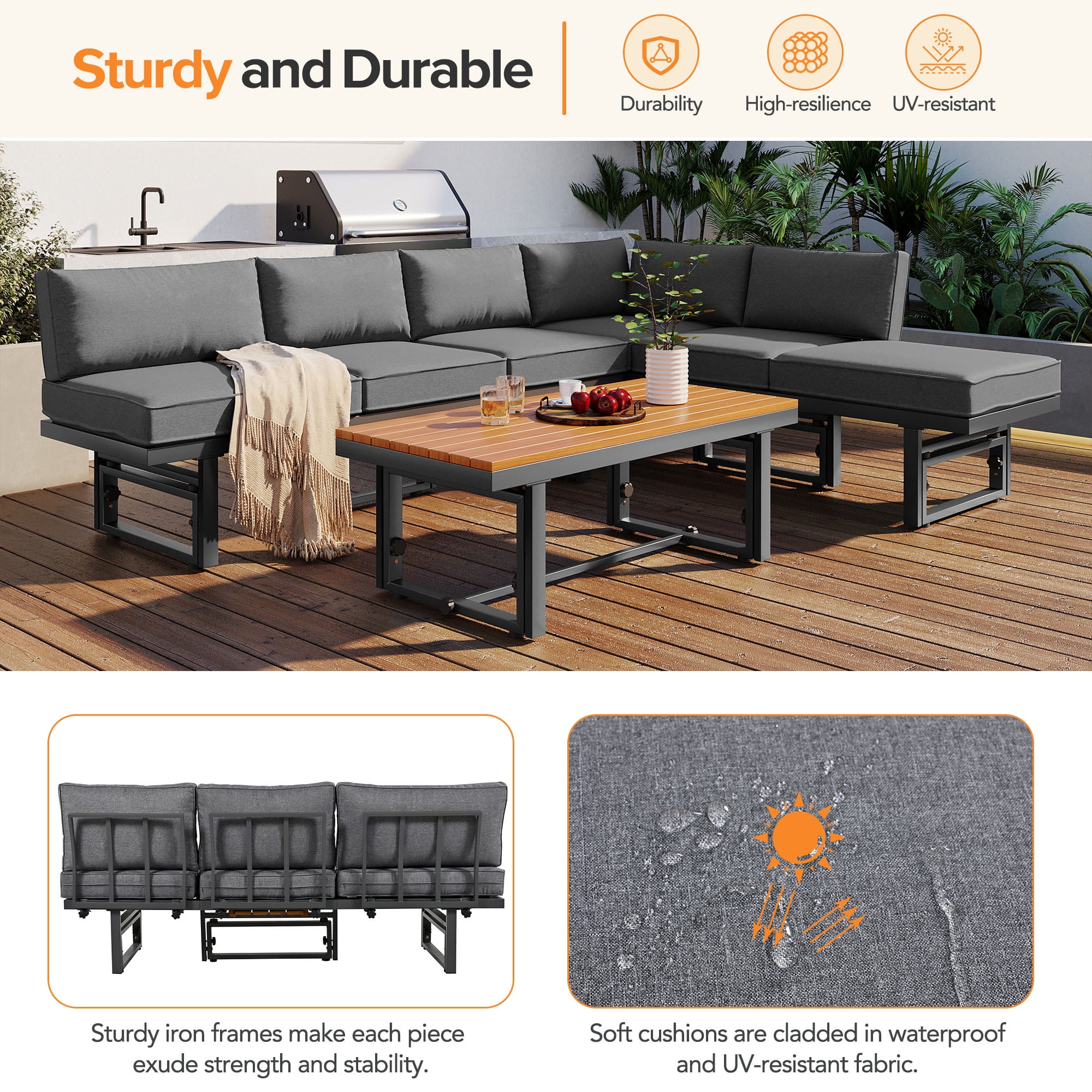Harper & Bright Designs Metal Patio Conversation Furniture Set, 3 Pieces Modern Outdoor Sectional Sofa Set with Coffee Table and Height Adjustable Seating for Garden and Backyard, Grey