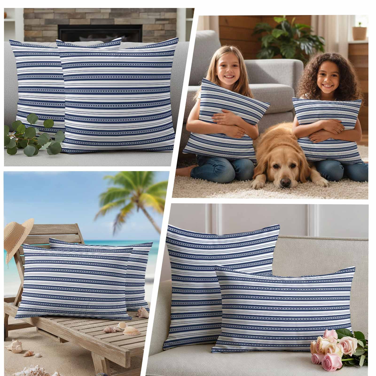Navy Blue Striped Outdoor Waterproof Pillow Covers, Farmhouse Striped Geometric Art Decorative Square Throw Pillowcase Sofa Cushion Sham for Patio/Couch/Chair, 16"x16" 2 Pack
