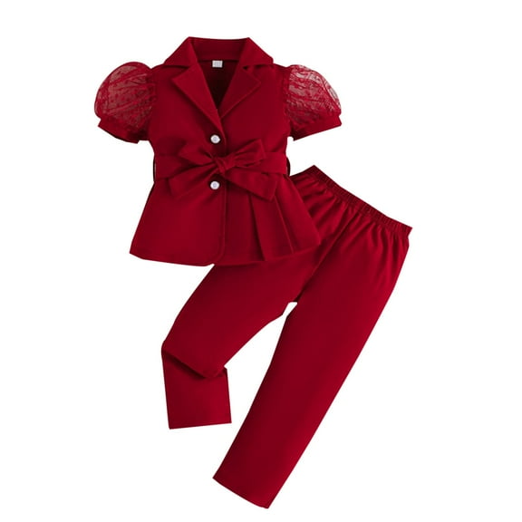 Efsteb Kids Girls Clothes Sets Solid Color Short Sleeved Mesh Suit Jacket Elastic Waist Long Pants Two-piece Set (Red,7 Years)