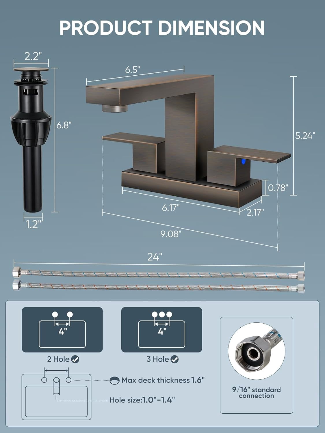 Bathroom Faucets for Sink 3 Hole, Oil Rubbed  Bathroom Sink Faucet Square 4 Inch Centerset with Pop-Up Drain, 2 Handle and 2  Hoses,  Stainless  for Vanity Rv