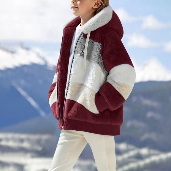 Toddler Kids Boys Girls Cute Fuzzy Fleece Jacket Winter Hooded Cardigan Plus Size Warm Outerwear with Pockets New Kids Loose Outerwear Wine 150