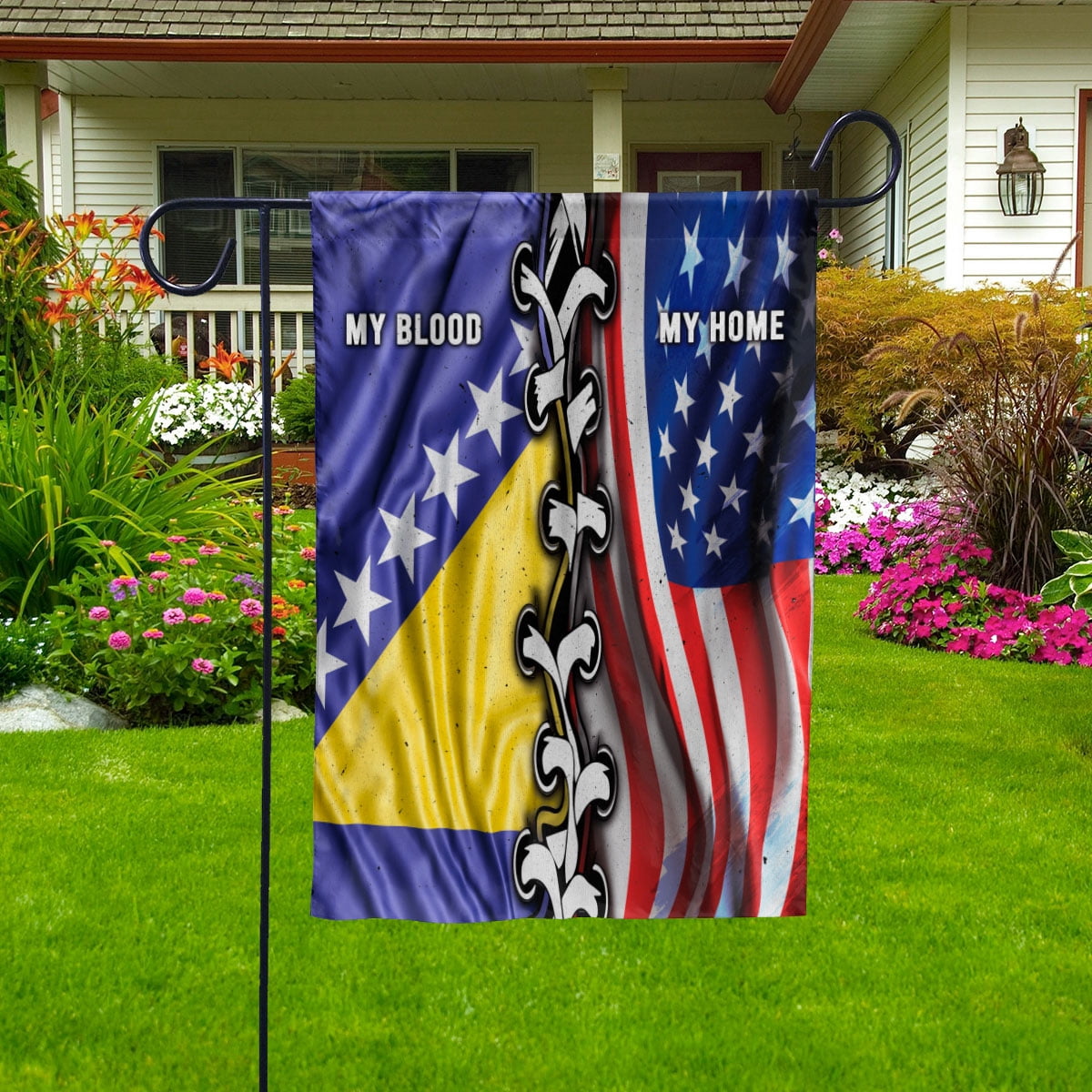 Flags-Bosnian American My Home My Blood Flag Bosnian Part House Flag, Double-Sided Decorative Outdoor Flag, Patriotic Polyester Yard Flag 29.5 x 39.5 in