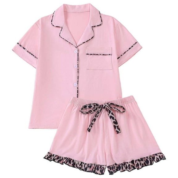 Bibifish Womens Pajama Sets 2 Piece Leopard Print Short Sleeve Nightwear Set Bow Design Button Down Pj Top With Short Retro Style Cute Pj Sets