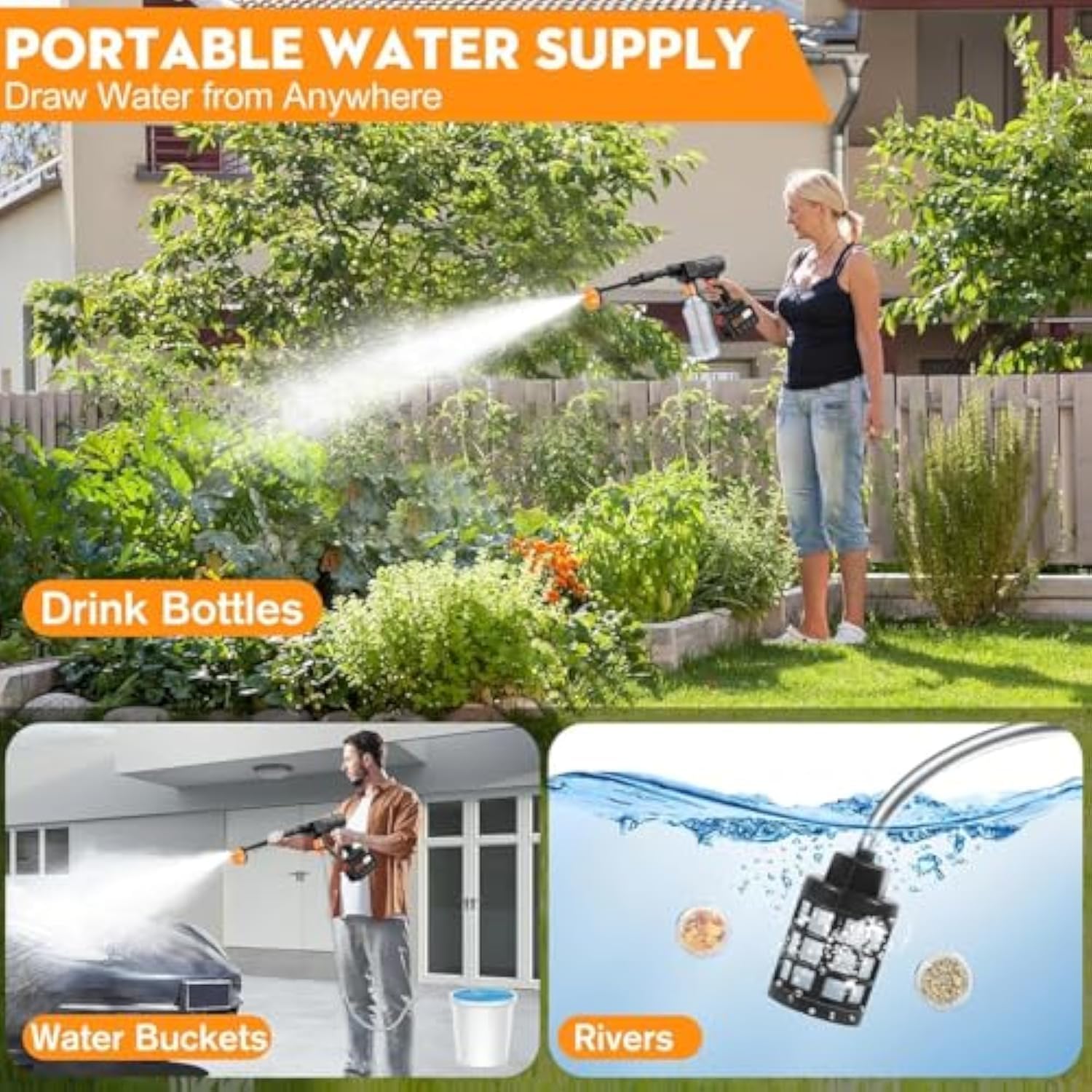 X5 Hand Held Pressure Washer,500 Psi Cordless Pressure Washer With 16ft Detachable Hose For Car, Garden, Floor Washing