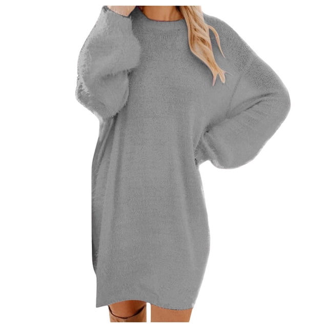 Kcodviy Robe Chandail d'Hiver en Tricot Mignonne pour Femmes Automne Col Roulé Chaude à Manches Longues Longue Robe Portefeuille pour Femmes avec Poche Mini Robe Chandail
