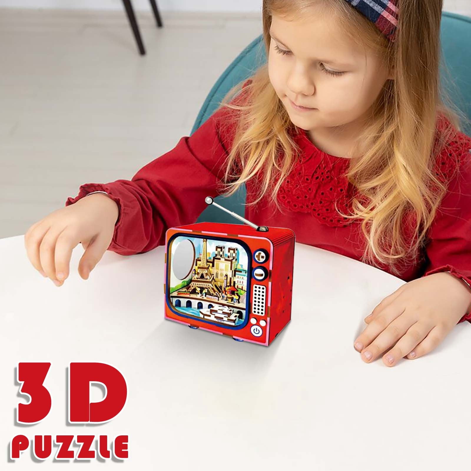 3D Wooden Puzzle TV Building Model, City Theme Architectural Toy with LED Light, Assembly Building Blocks Kit for Teens Adults, Educational Home Decor Gift