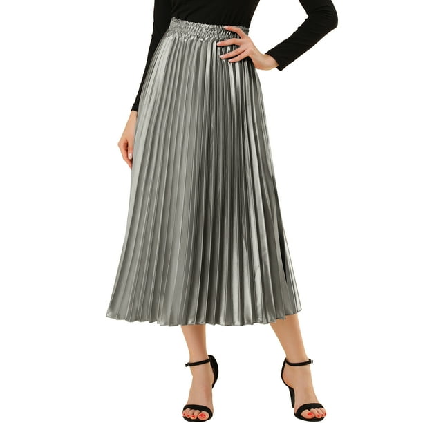 Falda midi plisada de fiesta para mujeres INSPIRE CHIC con cintura elástica metálica 2XL gris plateado