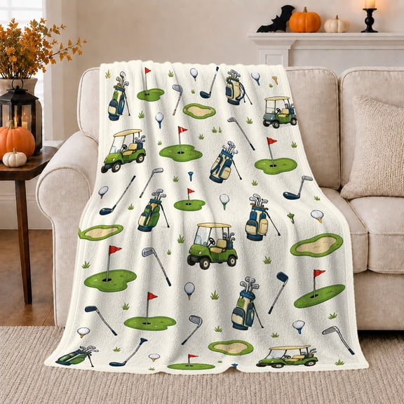 Artistic Pattern, Playful Golf Art Scene, Warm Flannel Blanket for Clubhouse and Game Room with Detailed Artwork, Golf Lovers Father's Day Gift, Artistic Home Decor
