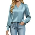 thumbnail image 3 of Dazajoo Womens Business Casual Tops Dressy Work Long Sleeve Shirts Cute Silk Satin V Neck Blouses,Light Blue,M, 3 of 8