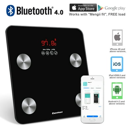 EXCELVAN Bluetooth Body Fat Scale BMI -with App for iOS and Android Wireless Digital Bathroom Scale – Measures Body Weight, Body Water, Muscle Ratio, Body