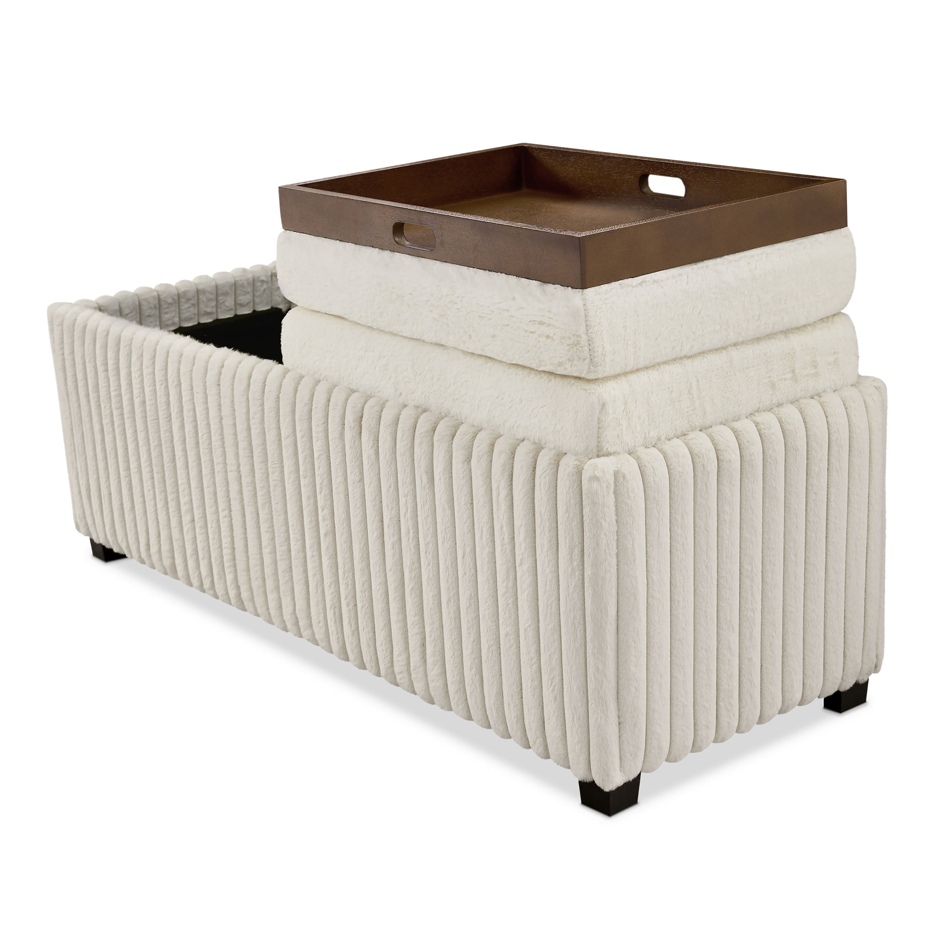 Furniture of America Terri Modern Corduroy Two Tray Tops Storage Ottoman, White