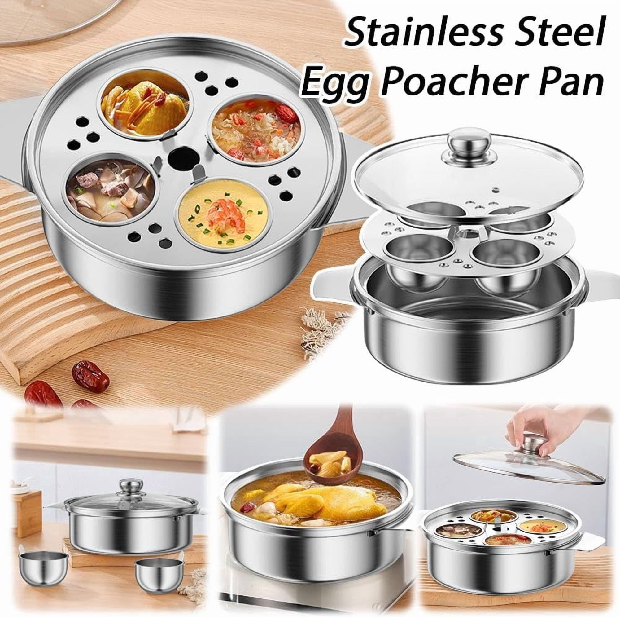 Egg Poacher Pan with 4 Cups, Stainless Steel Egg Poaching Pan, Poached Eggs Cooker, Eggs Cooker with Glass Lid and Heat Resistant Handle, Multifunctional Poacher Pans for Breakfast