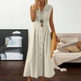 thumbnail image 2 of yoeyez Robe d'Été en Lin pour Femmes Longue, Robe de Travail Décontractée pour Femmes à Boutons avec Col, Robe Soleil Sans Manches à Col en V, Robes Mode, Robes Maxi de Plage pour Vacances Beige, G, 2 of 6