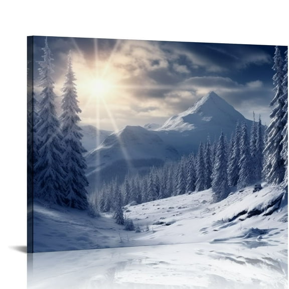 Fenyluxe Canvas Wall Art Snowy Mountain Trees Sun Shining Print on Canvas for Home Decor, Ready to Hang Wall Art Decor 16x12in