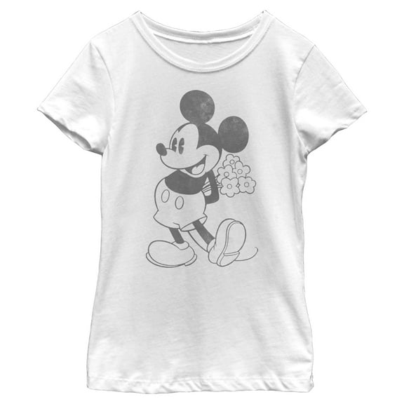 Girl's Mickey & Friends Mickey Mouse Black and White Flowers  Graphic Tee White X Small