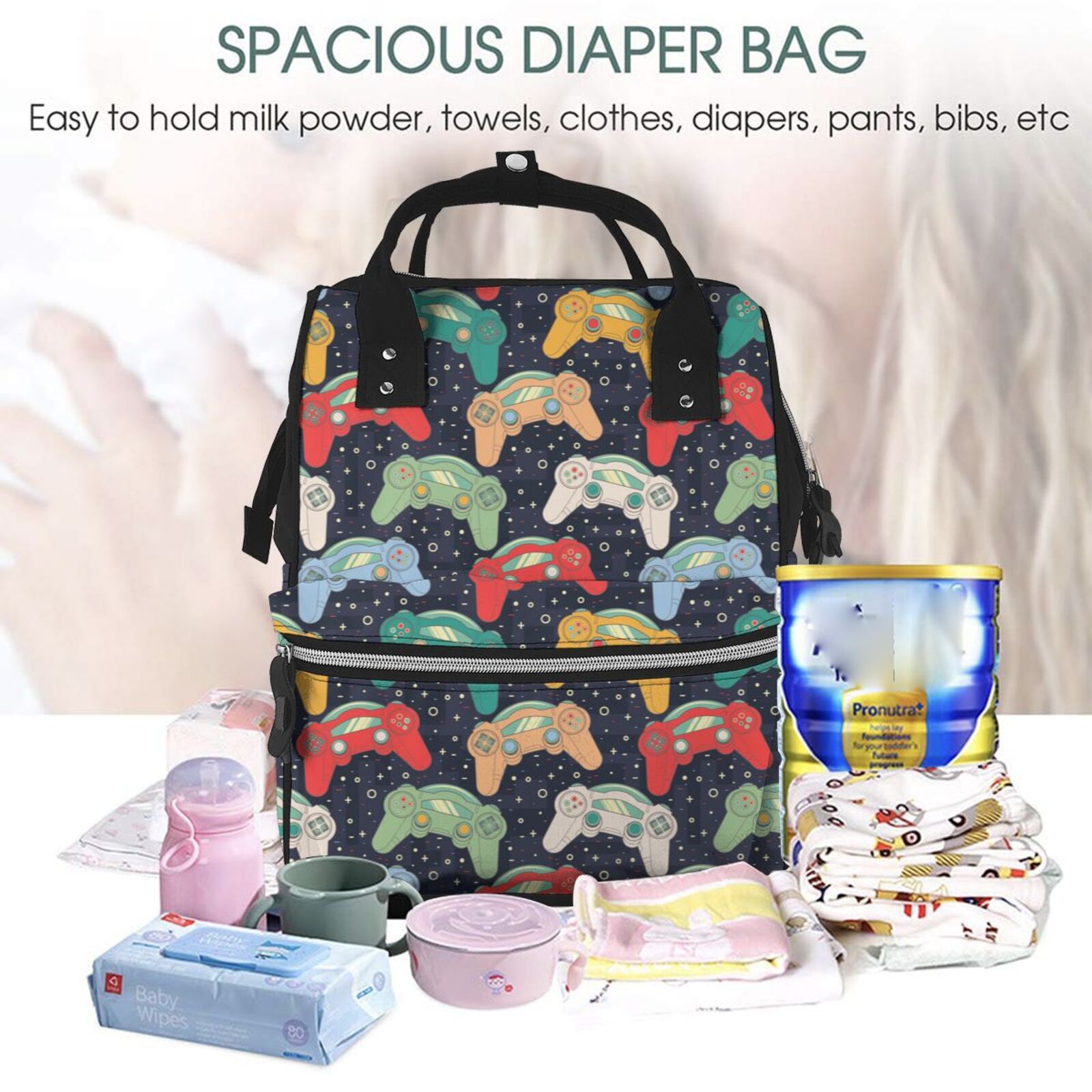 Fuzoiu Retro Video Game Print Diaper Bag Backpack,Baby Essentials Travel Tote,Multi function Waterproof Diaper Bag, Travel Essentials Baby Bag - Unisex