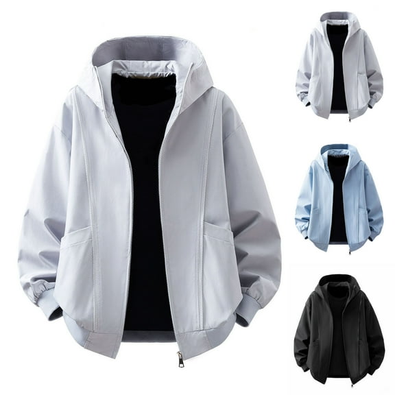 BiZtdJrK Men's Hooded Bomber Jacket Lightweight Casual Fall Windbreaker Casual Zip Up Outdoor Coat with Pockets, Blue, XXXXL