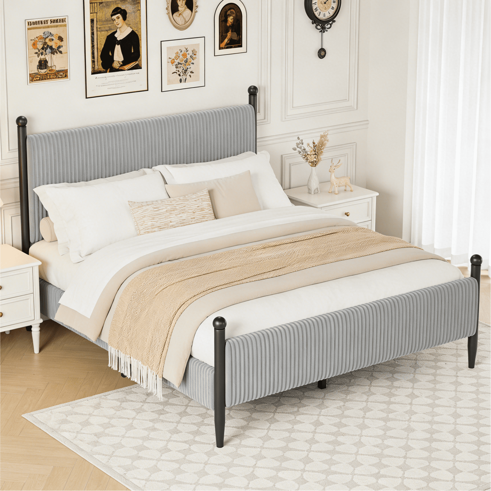 Full Size Upholstered Bed Frame with Velvet Headboard, Soft Corduroy Fabric Platform Bed with Wooden Slats Support, No Box Spring Needed, Grey