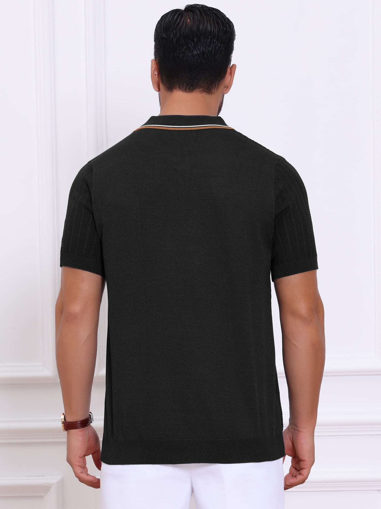 DARING DIVA Men's Knitted Ribbed Hem Short Sleeve Textured Golf Shirts XL Black